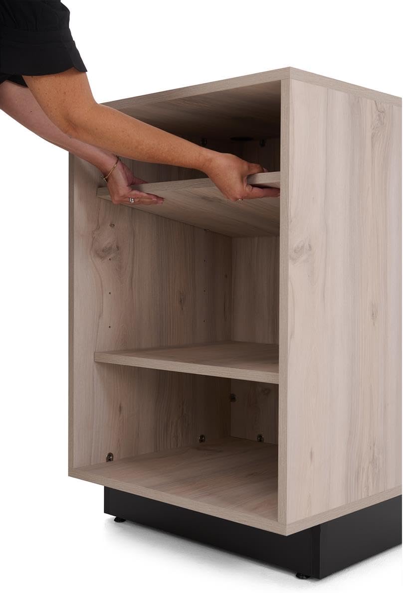 Displays2go Rustic Wood Host Stand with Cord Management & Adjustable Shelves – Coastal Grey Finish (CSTCW)