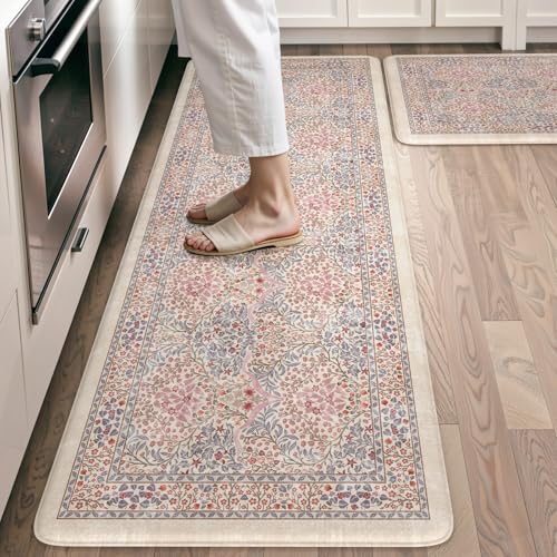 Collive Kitchen Rugs Sets of 2 Non Slip, Blush Anti Fatigue Kitchen Mats