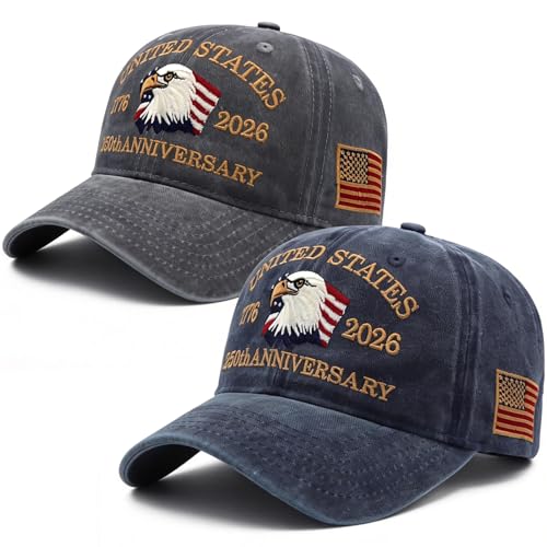 2 Pack USA 250th Anniversary Patriotic Embroidered Baseball Cap 1776-2026, American Eagles Hat-Adjustable Cap for Men&Women (US, Alpha, One Size, Navy Blue+Grey)
