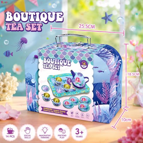 Image of VikriDA Cute Mermaid Kids Tea Set, 15Pcs Tea Party Set for Toddlers Afternoon Tea Time Playset with Teapots Tea Cups Play Dishes Princess Toys Gifts with Carry Case