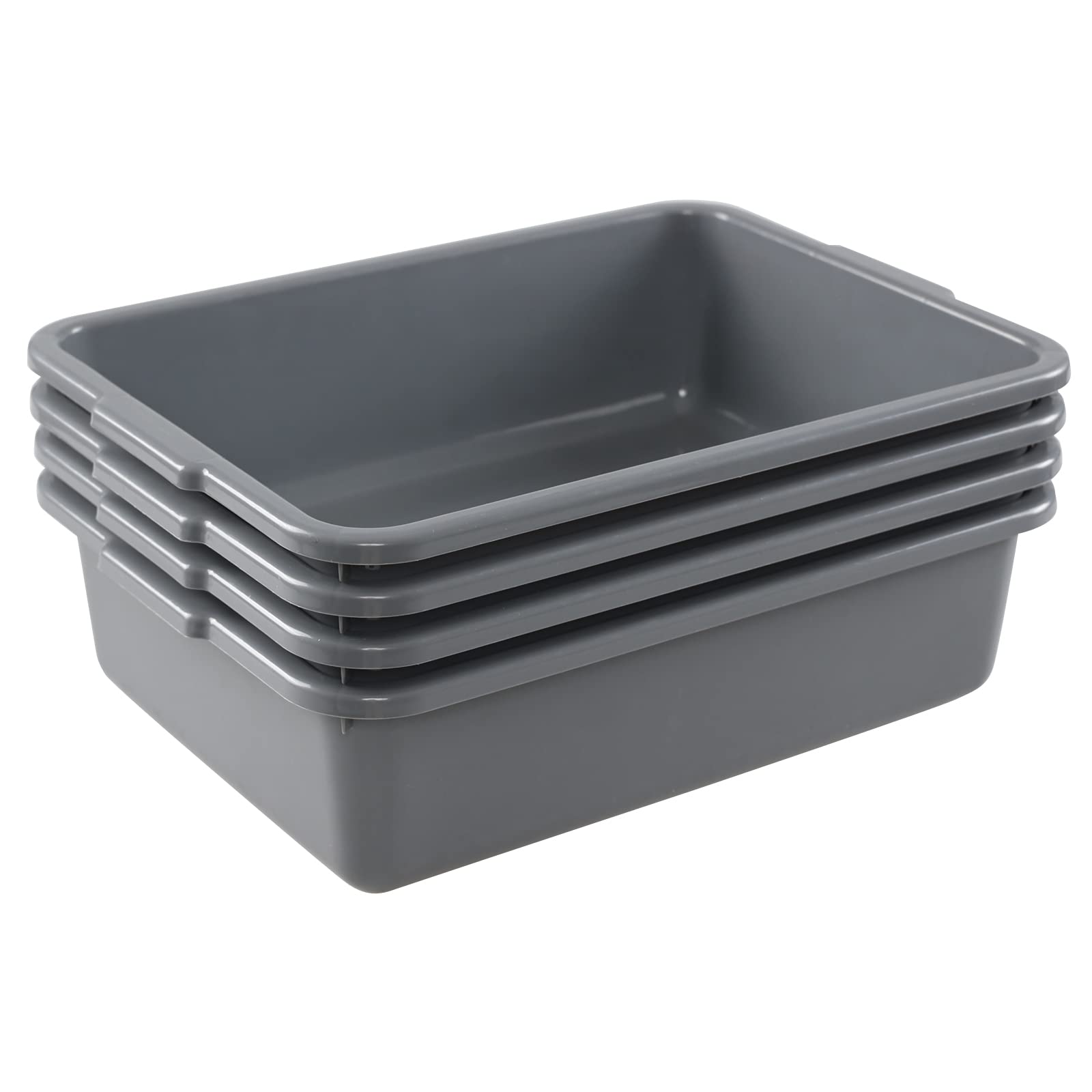 Lot de 4 bacs à bus de service alimentaire, 13 L, gris | Baignoire de restaurant empilable en plastique robuste pour lave-vaisselle et préparation, gris