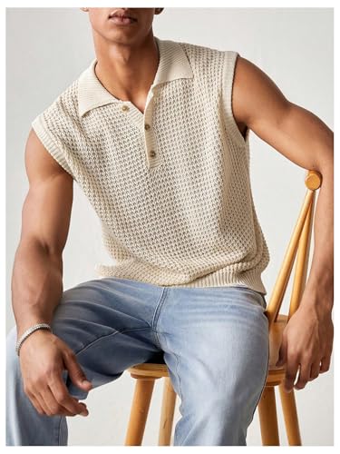 SHENHE Men's Button Front Collared Crochet Sweater Vest Sleeveless Fitted Pullover Sweater3
