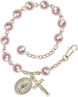 Adjustable Gold Plated 6mm Austrian Crystal, Imitation Pearl Rosary Bracelet - October Pink
