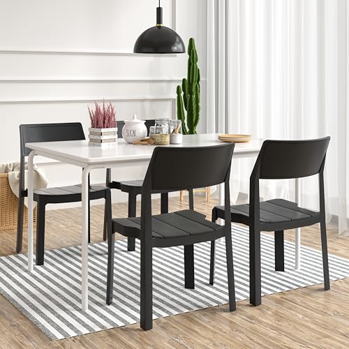 VECELO Plastic Stackable Dining Chairs Set of 4, Portable Patio Chairs for Indoor & Outdoor Use, No Assembly Required, Matte Black