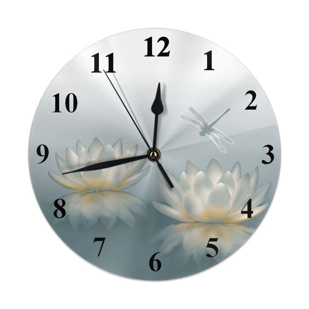 Moslion Lotus Clock Dragonfly on Botany Water Lily Lotus Pond Round Wall Clock Silent Non Ticking Rustic Home Decor 10 Inch for Kitchen Bathroom Office Grey White
