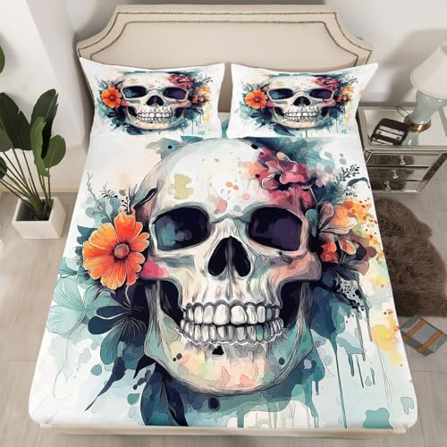 Skull Graffiti Fitted Sheet Twin Size Watercolor Daisy Flower Bedding Set Kids Room Decor Gothic Sugar Skeleton Bed Cover with 1 Pillowcase Modern Tie Dye Soft Polyester Bedding,No Top Sheet