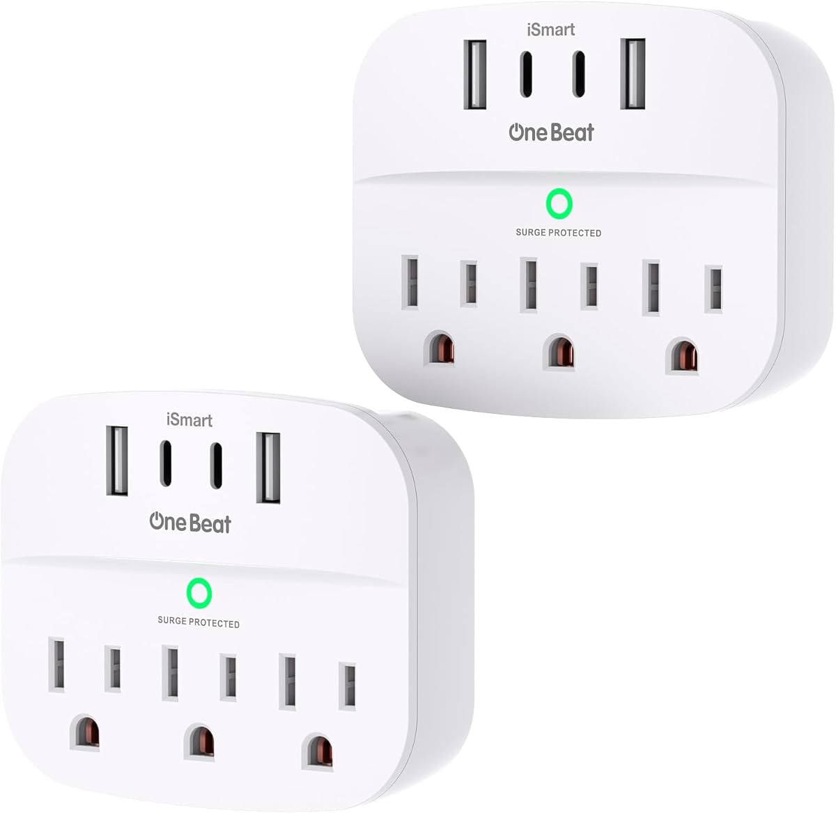One Beat 2 Pack Multi Plug Outlet Splitter with USB,Surge Protector Outlet Extender with 3 Wall Outlets 4 USB Wall Charger(2 USB C),490 J, ETL Listed,Small Outlet Adapter Plug Extender for Travel,WH