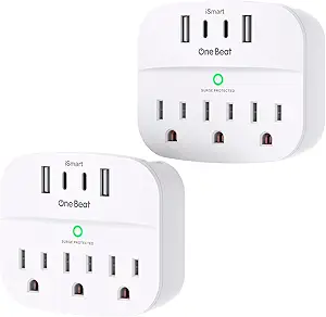 One Beat 2 Pack Multi Plug Outlet Splitter with USB,Surge Protector Outlet Extender with 3 Wall Outlets 4 USB Wall Charger(2 USB C),490 J, ETL Listed,Small Outlet Adapter Plug Extender for Travel,WH
