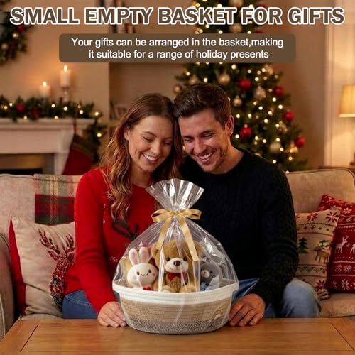 Image of Basket for Gifts Empty, Small Woven Basket with Bags and Ribbons, Baby Toy Baskets with Handles, Wicker Storage Bin for Baby Showers or Pet Toy (White-Brown Gradient, 1 Pack (12 inchx 8 inchx 3.74 inch))