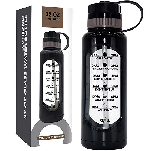 32 OZ Glass Water Bottle with Straw Shatterproof Sleeve, Motivational Water Bottle