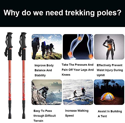 Image of Aihoye Metal Hiking Trekking Poles, 2 Pack Collapsible Lightweight Anti-Shock Walking Sticks, Adjustable for Men and Women (Red)