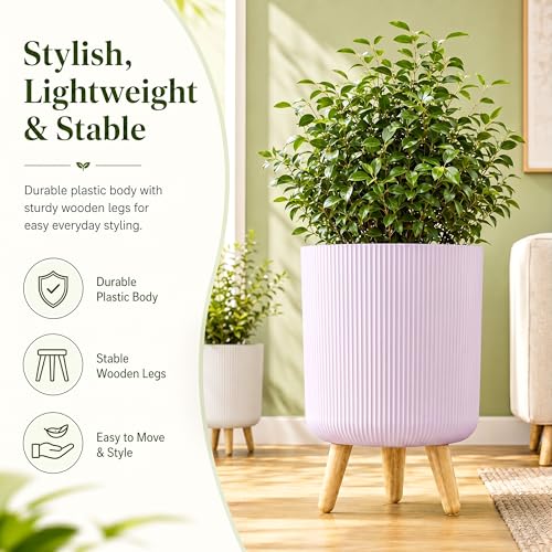 Image of Eightiz Store Modern Lavender Flower Pot with Plastic Legs | Indoor Outdoor Planter for Home Garden Balcony Decor Ribbed Design Sturdy Plastic Mid-Century Style (Lavender, Pack of 2)