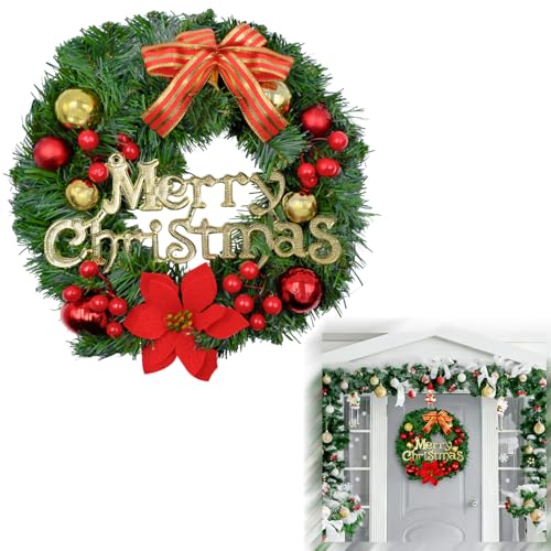 Corona Navideña de 30cm - Corona de Puerta/Adviento, Bolas (Oro), Lazo Rojo, Campanas y Ramas de Pino - Decoración Navideña para Puerta, Pared, Mesa, Ornamento Colgante​