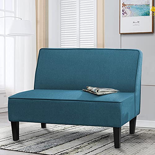 Yongqiang Small Loveseat Sofa For Living Room Bedroom Dining Room Fabric Settee Mini Couch Upholstered Armless Banquette Bench Blue #TOP1