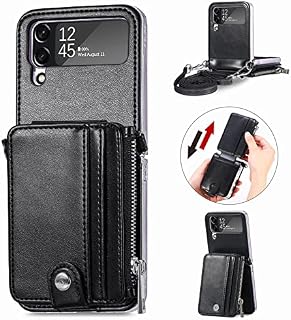 Daole Crossbody Phone Case for Samsung Galaxy Z Flip 4 Black, Detachable Wallet & Lanyard Type PU Leather Folding Cover for Samsung Galaxy Z Flip 4 Case with 3 Card Holder & Zipper Women