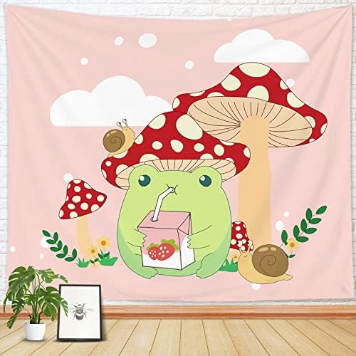 YahonLee Kawaii Frog Mushroom Tapestry pink cute room decor Aesthetic Wall Hanging Bedding Tapestry room decor for teen girl's Bedroom Funny Living Room Home Decor (29ʺ x 39ʺ, Pink)