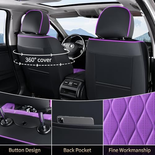 Image of FLORICH Car Seat Covers Full Set Purple Seat Covers Luxury Faux Leather Automotive Car Seat Cover with Lumbar Support Front and Rear Universal Fit for Most Cars Sedans Trucks SUV, Black&Purple