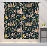 Dragon Curtains, Magical Medieval Castle Dragon Knights and Floral Pattern Window Treatments, Fairy Tale Print Blackout Drapes 2 Panel Set for Living Room Bedroom Kitchen21 W X 45'' L, Style-4