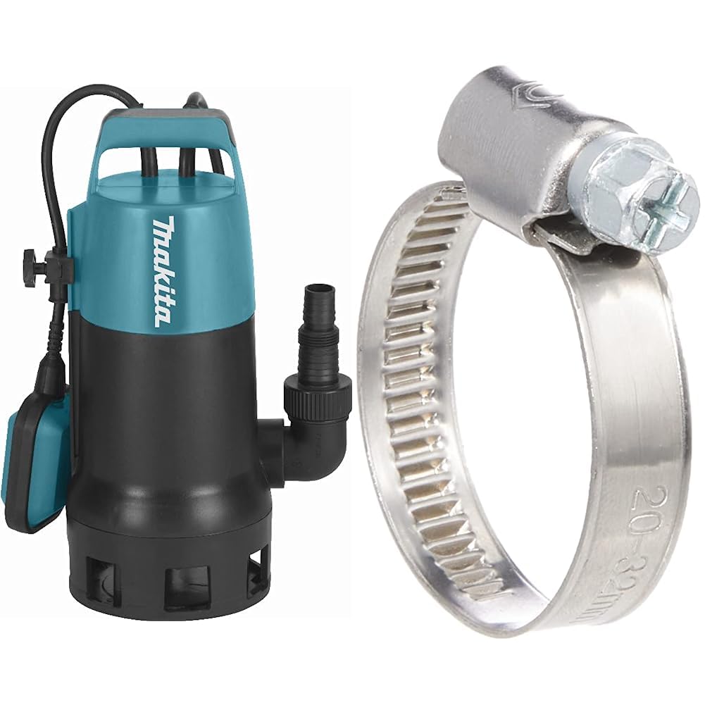 Makita PF1010 Tauchpumpe Klar-/Schmutzwasser 14.400 l/h, 6 x 210 mm & Cornat Schlauchschelle - Ø 20-32 mm Spannweite - 9 mm Bandbreite - 2 Stück im Set