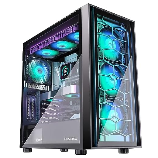 MUSETEX ATX PC Case Pre-Installed 6Pcs 120mm ARGB Fans, Mid-Tower Computer Gaming Case, USB 3.0 Tempered Glass Phantom Black Computer Case, MN6-B