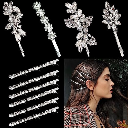 10 Pieces Rhinestone Hair Pins, Silver Leaf Hair Clips Crystal Wedding Hair Clips for Brides, Elegant Rhinestone Hair Accessories for Women Girls