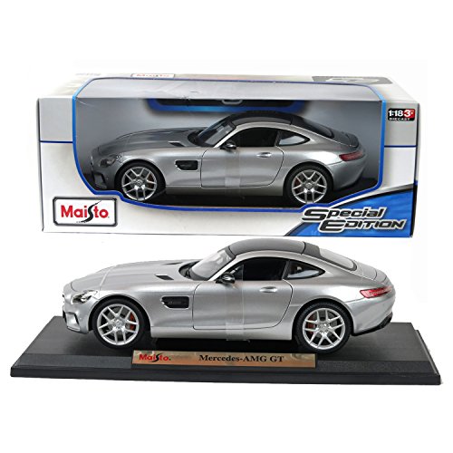 Maisto Year 2015 Special Edition Series 1:18 Scale Die Cast Car Set - Silver Color Sports Coupe MERCEDES BENZ AMG GT with Display Base (Car Dimension: 9-1/2