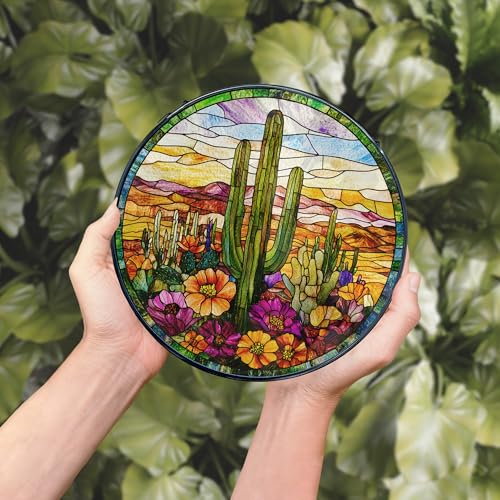 MORDMODUCK Western Cactus Flower Stained Glass Window Hanging, Western Desert Landscape Suncatchers, Southwest Cactus Sun Catchers Indoor Window Glass Wall Art Hanging Decorations, 7.9x7.9in by MORDMODUCK - Used condition - Image 5