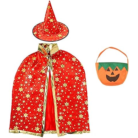 JOTELEMO Children's Halloween Costume, Witch Wizard Cape with Hat, Pumpkin Candy Bag, Wizard Coat with Props for Boys Girls Cosplay Party (Red) Cover