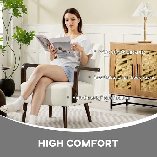 HOMCOM Accent Chair with Wooden Legs, Upholstered Linen Fabric Armchair with Wide Back and Thick Padding, Modern Comfy Chair for Living Room, Bedroom, Cream White - Image 5