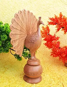 Agarwal Craft Palace Wooden Peacock, Wood Carving Peacock, Dancing Peacock, Peacock Showpiece, Wooden Peacock for Home Decor, Peacock Statue, Rajasthani Wooden Art, Open Feather Peacock (6 Inch)