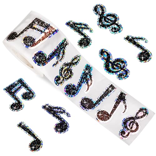 Whaline Music Note Stickers Roll Black Holographic Musical Piano Note Sparkly Waterproof Self-Adhesive Stickers Decals for Classroom Envelope Journal Decor Party Supplies, 500Pcs