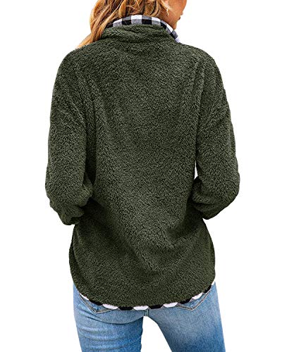 Yanekop Womens Fuzzy Fleece Pullover Plaid Print Sherpa Sweatshirt Button Collar Top With Pockets(Army Green,2Xl) #TOP1