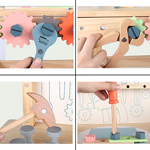 Wooden Power Tool Workbench for Kids, Building Tools Sets Pretend Play Toys - Construction Workbench with Wrench, Screwdriver, Miter Saw and Hammer - Educational Gift for Toddlers Age 3 and Up - Thumbnail 3