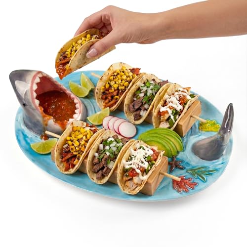 Image of 2 Pack Blue Ceramic Taco Holder, Shark Sushi Plate, Funny Handmade Kitchen Salad Plates with Dipping Sauce Bowl, Microwave /Oven /Dishwasher Safe Plates, Holiday Birthday Gifts for Shark Party Lovers