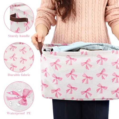 Image of Weysat 2 Pcs Coquette Bow Storage Basket Easter Basket Collapsible Toy Storage Bins Waterproof Canvas Organizer with Leather Handles for Home Offices Bedrooms Toy and Gift Easter Baskets