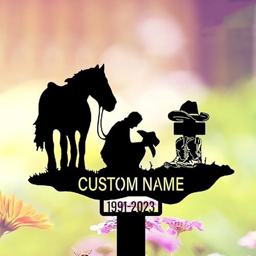 Personalized Cowboy Grave Marker Cowboy Boot Hat With Wings 8-24 inches Black Powder Coated Metal Garden Stake Country Western Theme Grave Plaque (Cowboy)