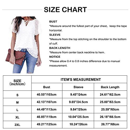 Davenil Womens Chiffon Blouse Casual Round Tie V Neck Short Sleeve Shirts Pom Pom Summer Tops White Size M #TOP5