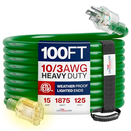 100ft Outdoor/Indoor Extension Cord 10/3 Gauge Ultra Heavy Duty 3 Prong SJTW (5-15P/5-15R), Waterproof, ETL Listed, Flexible Cold-Resistant Long Power Cord,15A 125V 1875W, Green by LifeSupplyUSA