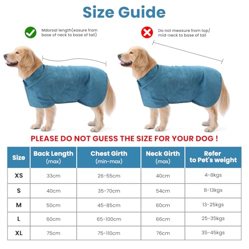 PETTOM Hundebademantel Mikrofaser Schnelltrockend, Bademantel Hund Baumwolle Super Saugfähig, Bademantel für Große Mittelgroße und Kleine Hunde (L, Blau)