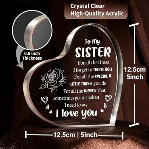 Image of Gifzy Sister Gifts from Sister Brother, to My Sister Acrylic Heart Sign Presents, Birthday Christmas Mothers Day Graduation Wedding Valentines Day Gifts for Sister