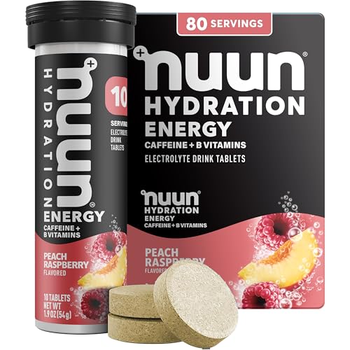 Image of Nuun Energy Caffeine + B Vitamins, Electrolyte Hydration Tablets with Caffeine from Green Tea Extract, Magnesium & 4 Other Electrolytes, Gluten Free, Vegan, Peach Raspberry, 8 Pack (80 Servings Total)