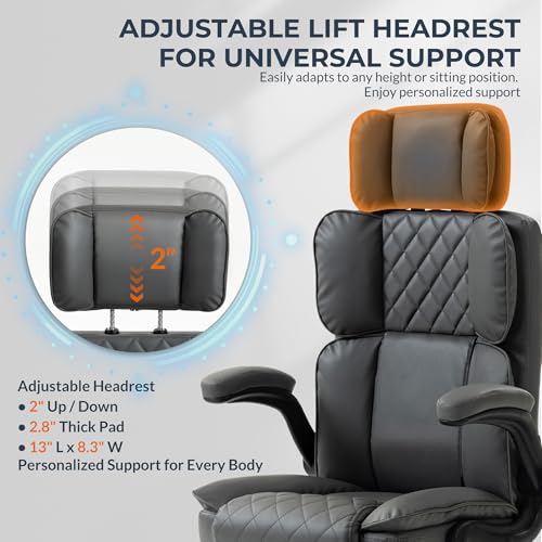 Image of Office Chair with Adjustable Headrest - Executive Leather Desk Chair for Home Office, with Flip-Up Arms & Ergonomic Lumbar Support, Perfect for Work and Study, Gray