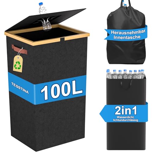 TESSTINA 100L Consigne Collecteur de Bouteilles avec couvercle, rangement en tissu Oxford avec poignée de transport et cadre en bambou, collecteur de bouteilles avec trou pour cuisine, salle de