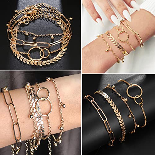 Image of 17IF 18-25 PCS(6 Pack) Boho Gold Silver Stackable Bracelets Set for Women | Chunky Dainty Bangles Adjustable Chain Flat Cuff Cuban Punk Charm Bundle Jewelry