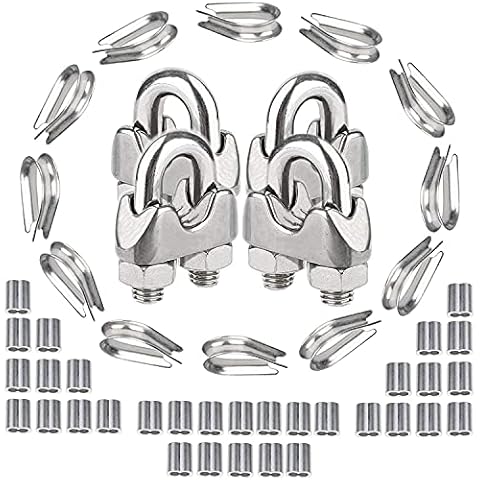 Stainless Steel U Bolts Wire Rope Clamp Saddle Clips, Cable Clamps Wire Rope Thimbles And Aluminum Crimping Loop Sleeve Finisher Accessories For Ø2-3mm Wire lifting clamps, Pack of 48, by AMLOOPH Cover