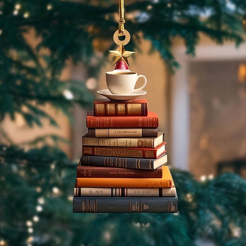 GenericAcrylic Book Stack Hanging Ornament with Gold Star Topper – Book Lover Gift, Home Decor, Keychain Accessory, Car Mirror Pendant – Durable 2D Design