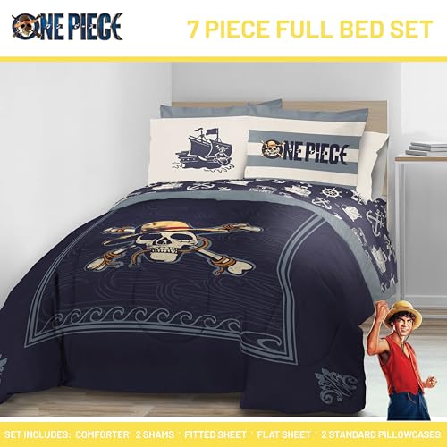 Image of One Piece Luffy Full Comforter Set 7 Piece Soft Anime Bedding, Blue