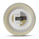 [10 Count - 7 Inch Plates] Laura Stein Designer Tableware Premium Heavyweight Plastic White Appetizer - Salad Plates With Gold Border, Party & Wedding Plate, Classic Series, Disposable Dishes