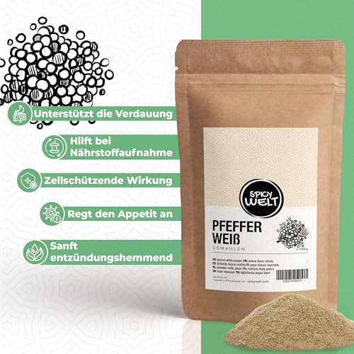 Spicy Welt Pfeffer Weiß Gemahlen (250g) – Weißer Pfeffer Pulver | für Cremesuppen, Pürees & Helle Saucen | Fein, Dezent & Würzig für Gourmetgerichte | 100% Naturrein, Ohne Zusätze