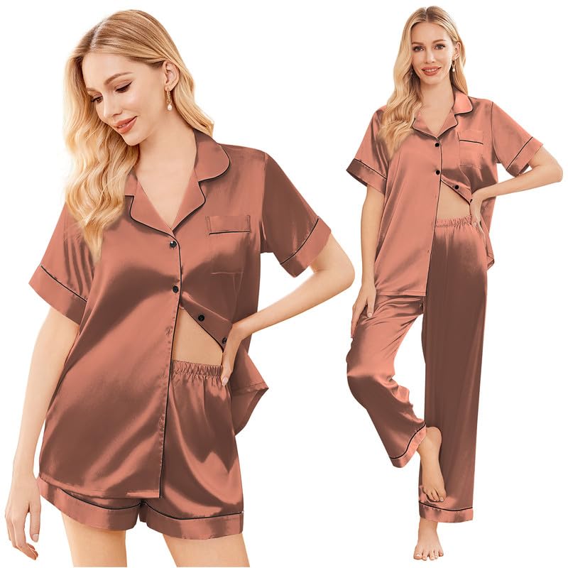 Image of Ekouaer Silk Pajamas for Women Set Satin Soft Short Sleeve Button Down Pjs